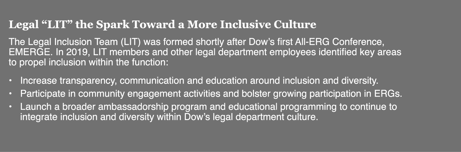 Legal  LIT  the Spark Toward a More Inclusive Culture The Legal Inclusion Team (LIT) was formed shortly after Dow s f   