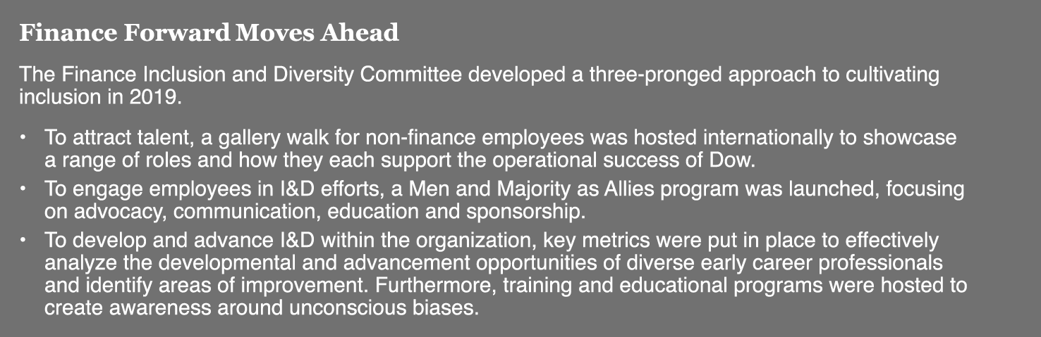 Finance Forward Moves Ahead The Finance Inclusion and Diversity Committee developed a three-pronged approach to culti   