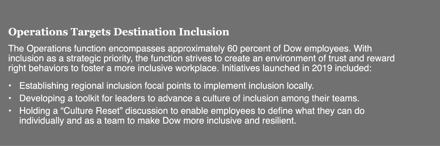 Operations Targets Destination Inclusion The Operations function encompasses approximately 60 percent of Dow employee   