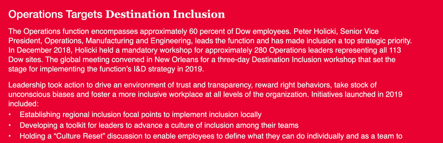 Operations Targets Destination Inclusion The Operations function encompasses approximately 60 percent of Dow employee   