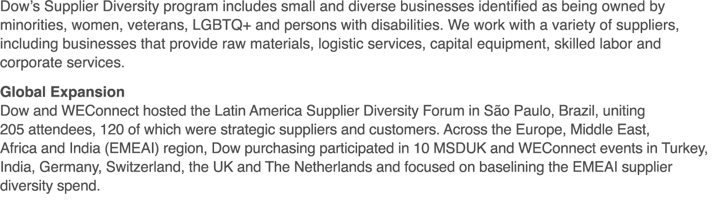 Dow s Supplier Diversity program includes small and diverse businesses identified as being owned by minorities, women   