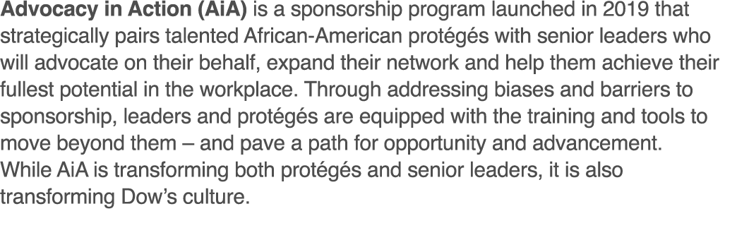 Advocacy in Action (AiA) is a sponsorship program launched in 2019 that strategically pairs talented African-American   