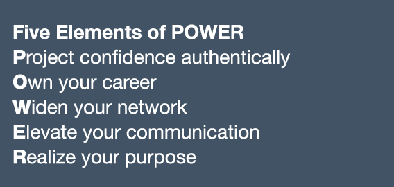 Five Elements of POWER Project confidence authentically Own your career Widen your network Elevate your communication   