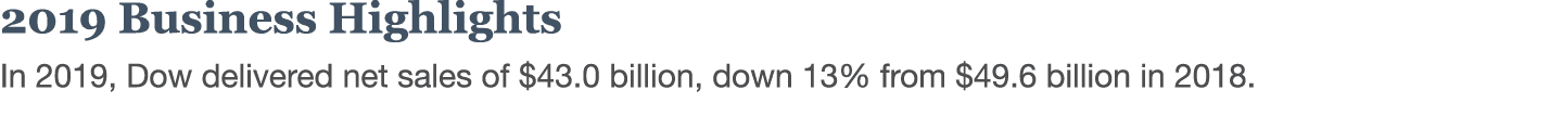 2019 Business Highlights In 2019, Dow delivered net sales of  43 0 billion, down 13% from  49 6 billion in 2018 
