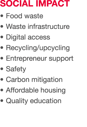 SOCIAL IMPACT   Food waste   Waste infrastructure   Digital access   Recycling upcycling   Entrepreneur support   Saf   