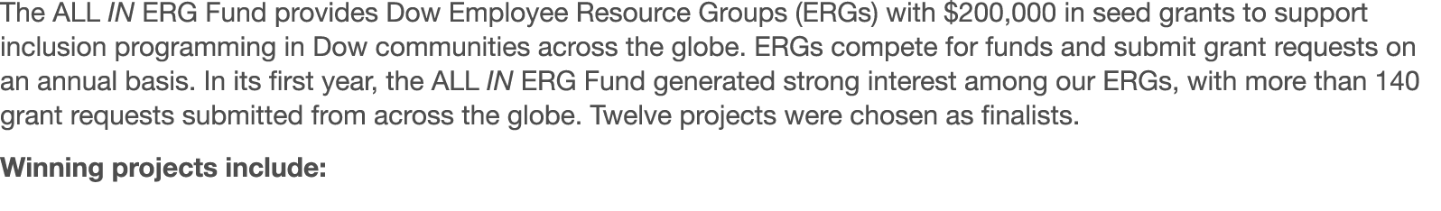 The ALL IN ERG Fund provides Dow Employee Resource Groups (ERGs) with  200,000 in seed grants to support inclusion pr   