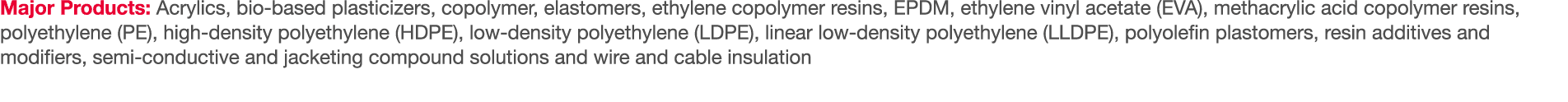 Major Products: Acrylics, bio-based plasticizers, copolymer, elastomers, ethylene copolymer resins, EPDM, ethylene vi   