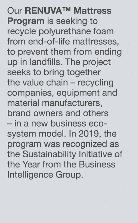 Our RENUVA  Mattress Program is seeking to recycle polyurethane foam from end-of-life mattresses, to prevent them fro   