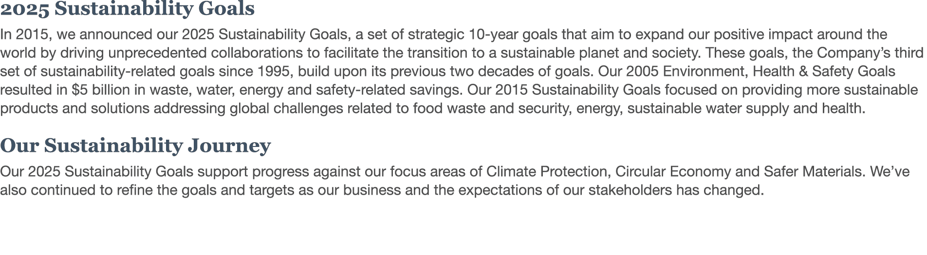 2025 Sustainability Goals In 2015, we announced our 2025 Sustainability Goals, a set of strategic 10-year goals that    