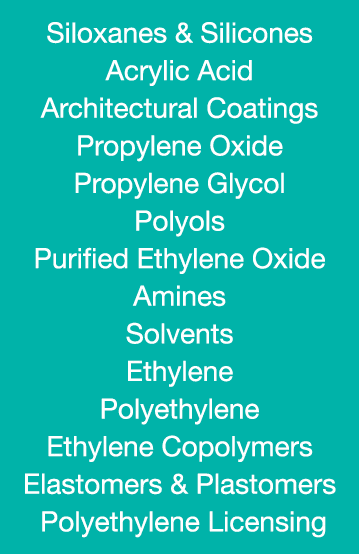 Siloxanes & Silicones Acrylic Acid Architectural Coatings Propylene Oxide Propylene Glycol Polyols Purified Ethylene    