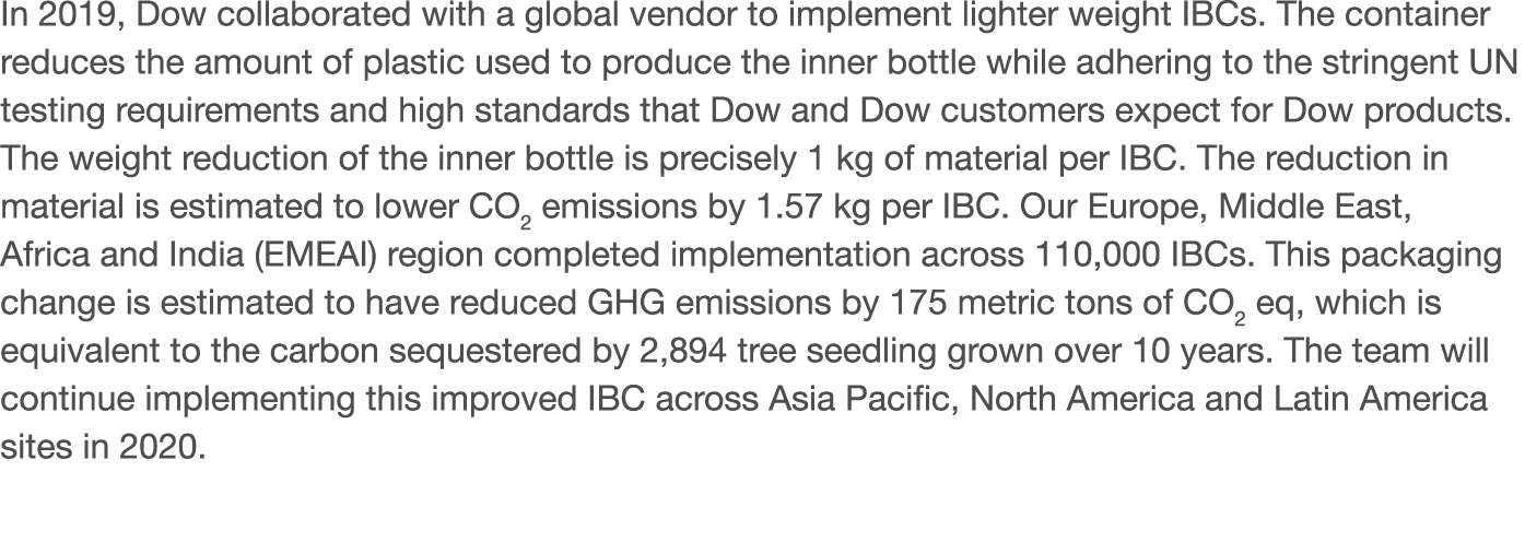 In 2019, Dow collaborated with a global vendor to implement lighter weight IBCs  The container reduces the amount of    