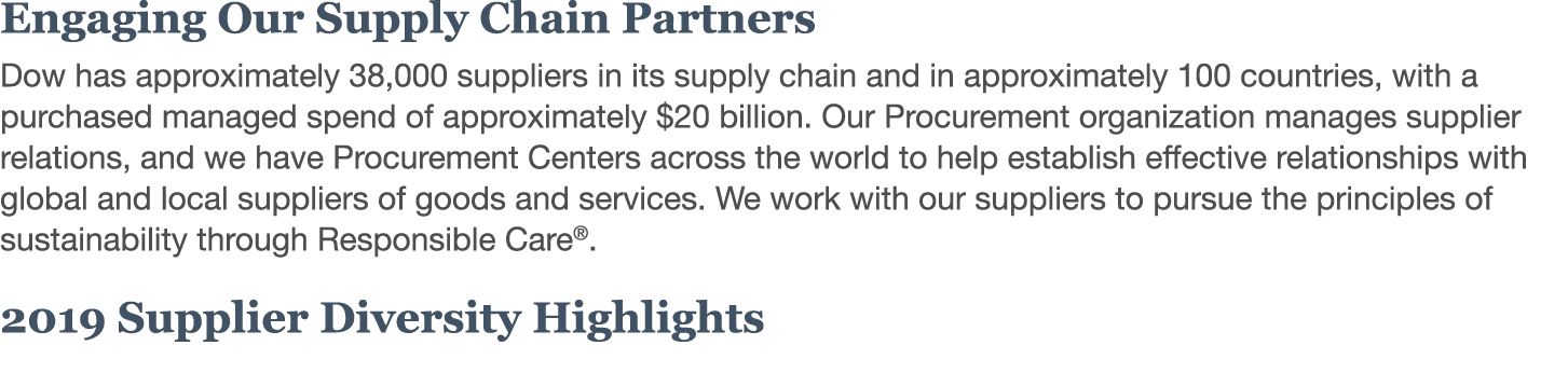 Engaging Our Supply Chain Partners Dow has approximately 38,000 suppliers in its supply chain and in approximately 10   