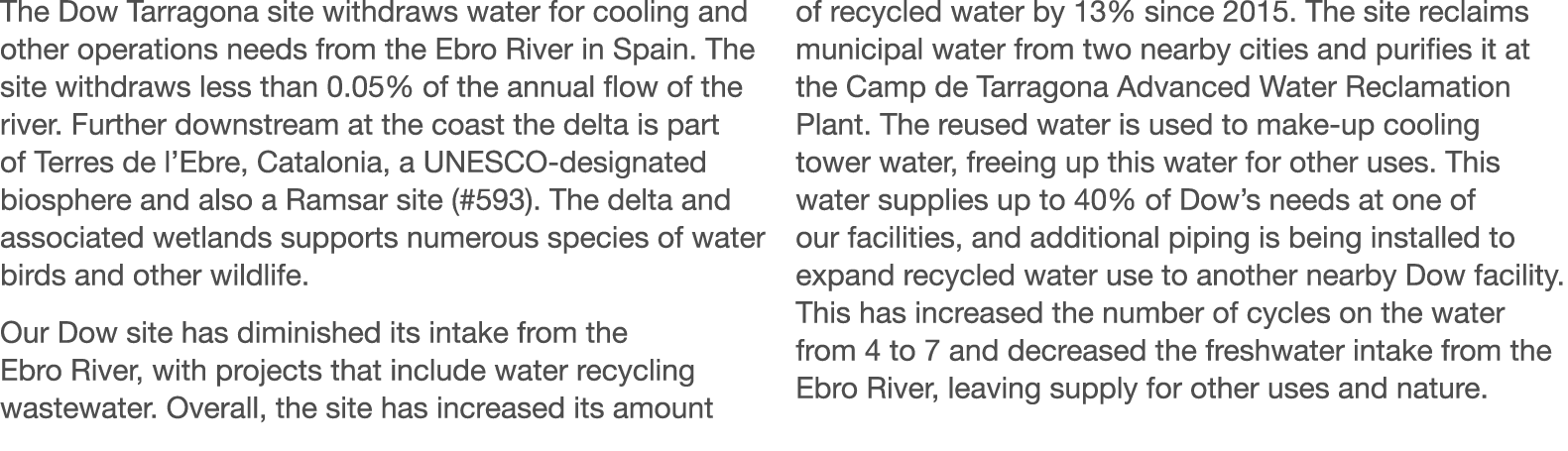 The Dow Tarragona site withdraws water for cooling and other operations needs from the Ebro River in Spain  The site    