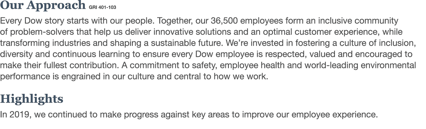 Our Approach GRI 401-103 Every Dow story starts with our people  Together, our 36,500 employees form an inclusive com   