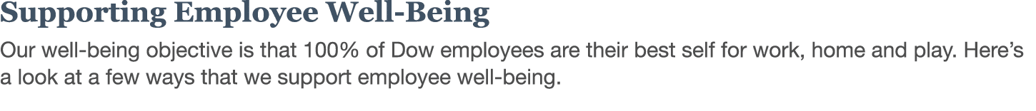 Supporting Employee Well-Being Our well-being objective is that 100% of Dow employees are their best self for work, h   