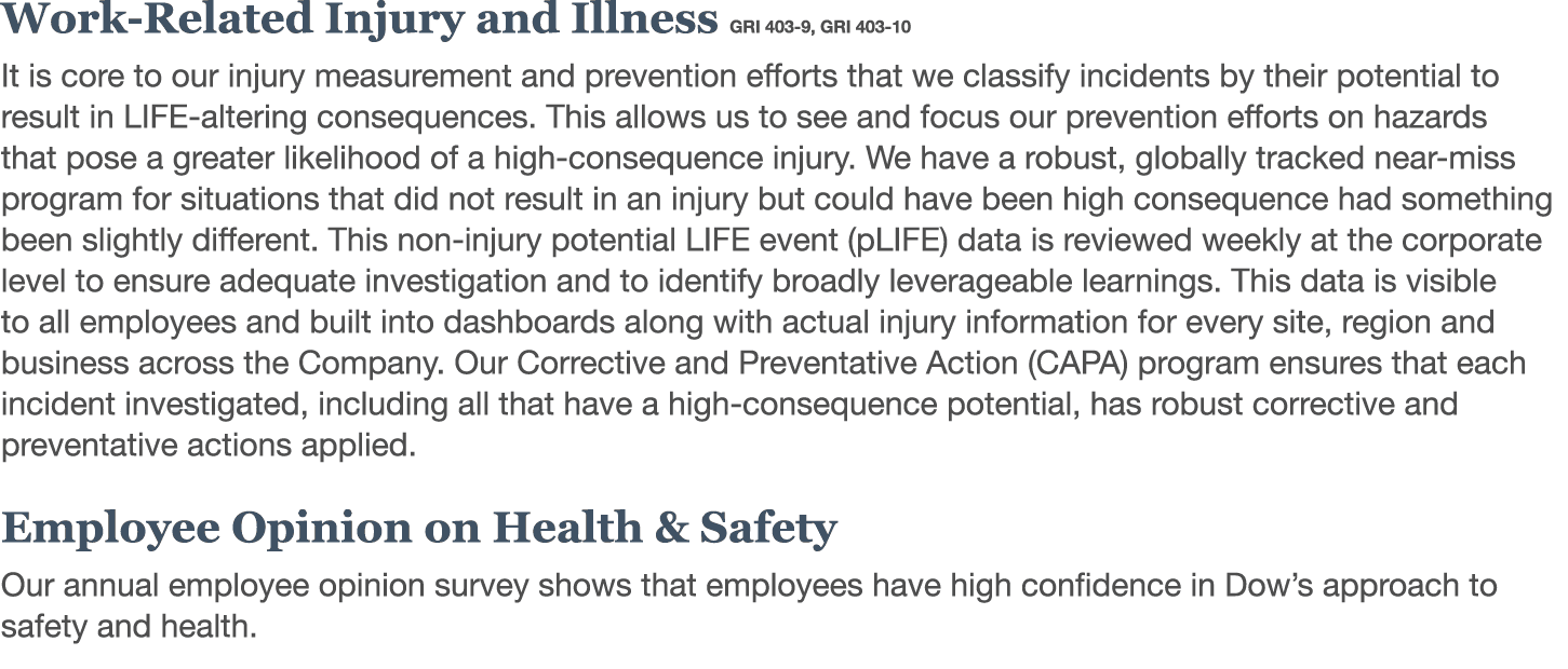  Work-Related Injury and Illness GRI 403-9, GRI 403-10 It is core to our injury measurement and prevention efforts th   
