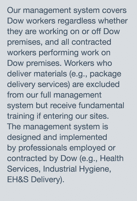 Our management system covers Dow workers regardless whether they are working on or off Dow premises, and all contract   