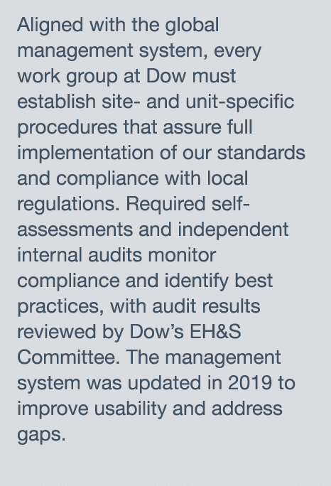 Aligned with the global management system, every work group at Dow must establish site- and unit-specific procedures    