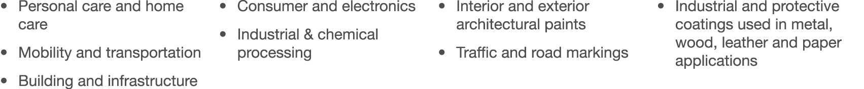 Personal care and home care Mobility and transportation Building and infrastructure Consumer and electronics Industri   