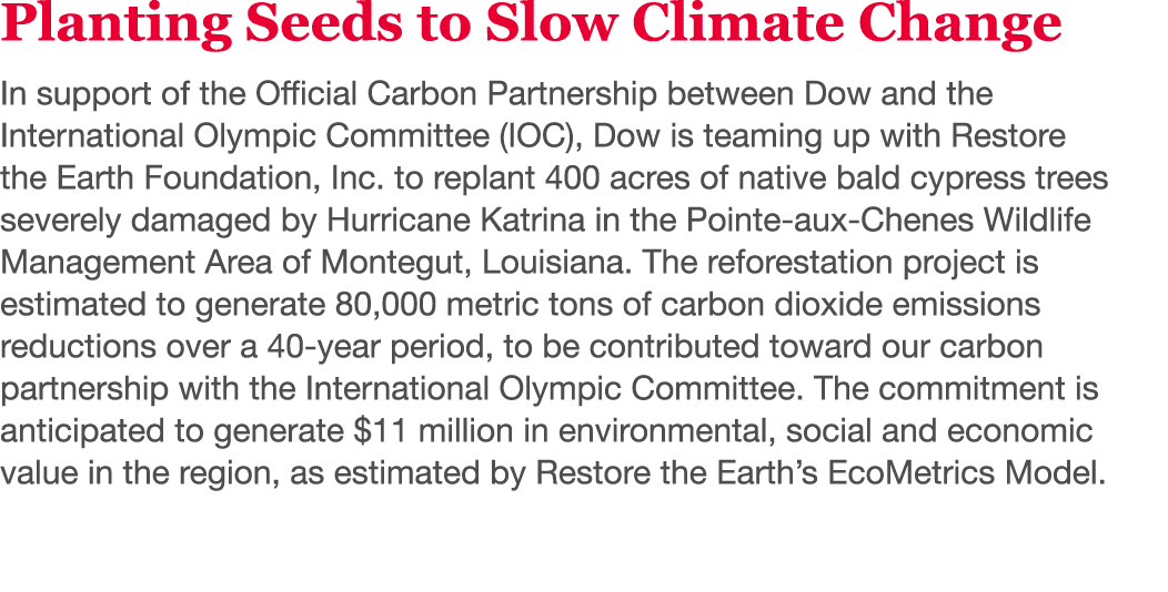 Planting Seeds to Slow Climate Change In support of the Official Carbon Partnership between Dow and the International   