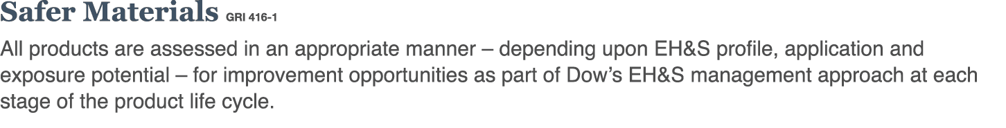  Safer Materials GRI 416-1 All products are assessed in an appropriate manner   depending upon EH&S profile, applicat   