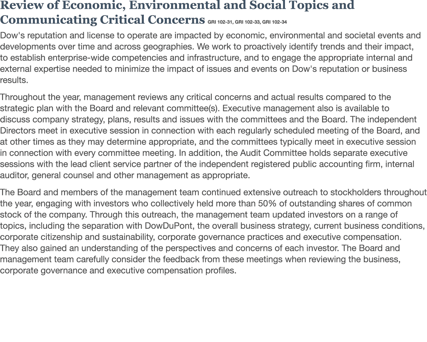 Review of Economic, Environmental and Social Topics and Communicating Critical Concerns GRI 102-31, GRI 102-33, GRI 1   