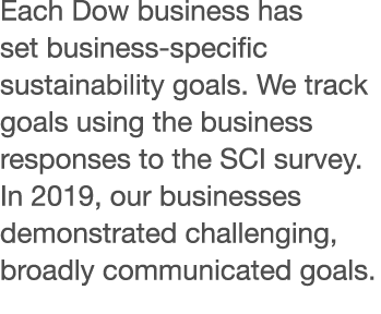 Each Dow business has set business-specific sustainability goals  We track goals using the business responses to the    