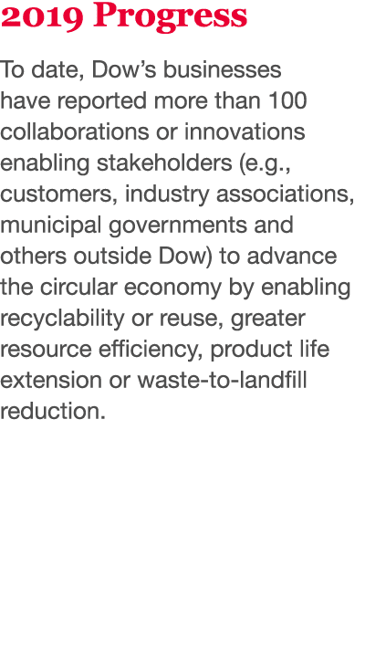 2019 Progress To date, Dow s businesses have reported more than 100 collaborations or innovations enabling stakeholde   