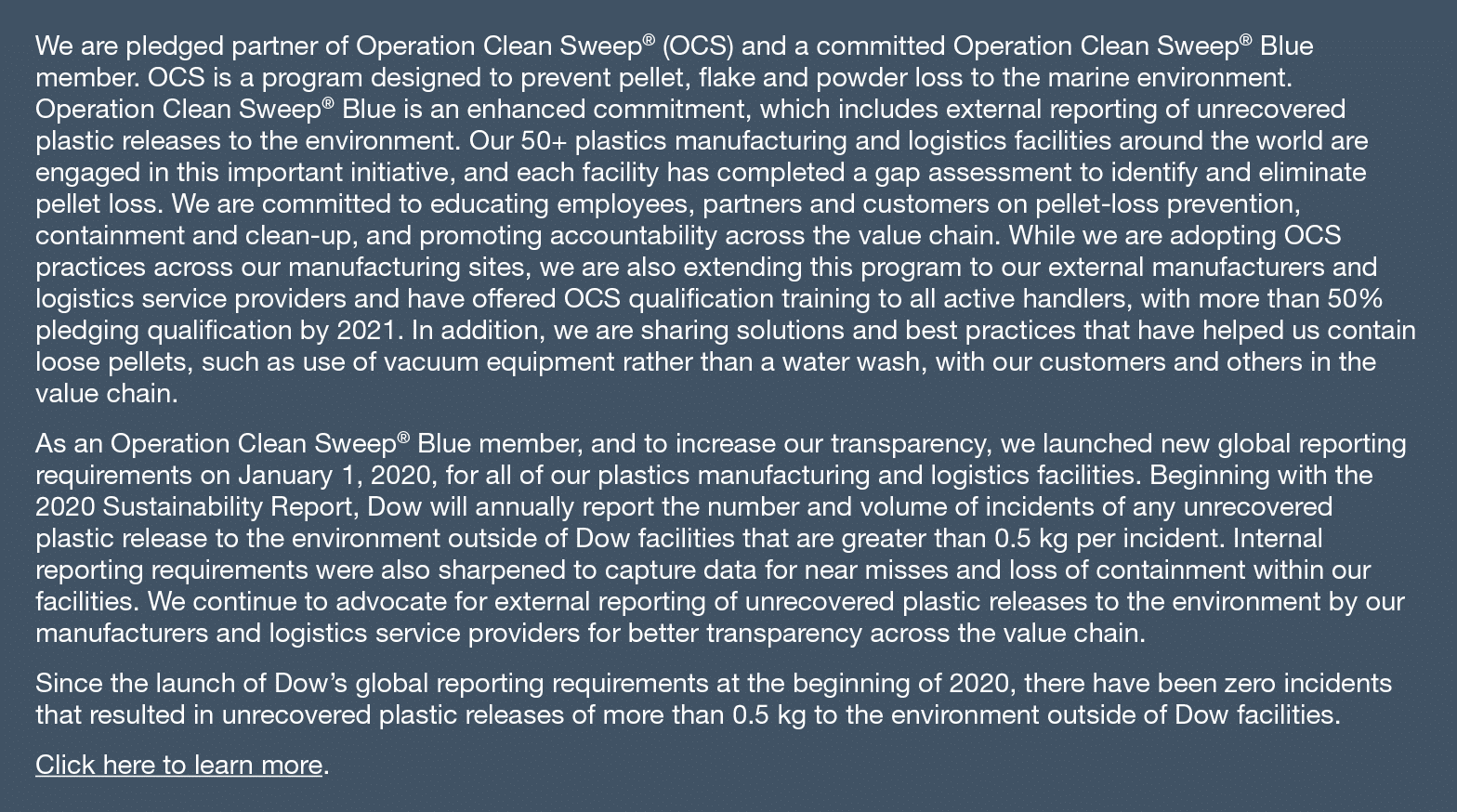 We are pledged partner of Operation Clean Sweep  (OCS) and a committed Operation Clean Sweep  Blue member  OCS is a p   