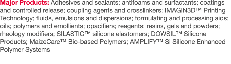 Major Products: Adhesives and sealants; antifoams and surfactants; coatings and controlled release; coupling agents a   