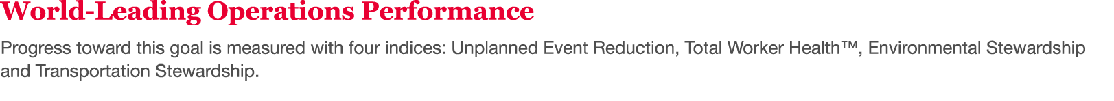 World-Leading Operations Performance Progress toward this goal is measured with four indices: Unplanned Event Reducti   