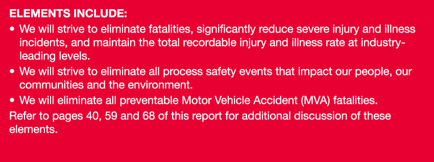 Elements include:   We will strive to eliminate fatalities, significantly reduce severe injury and illness incidents,   