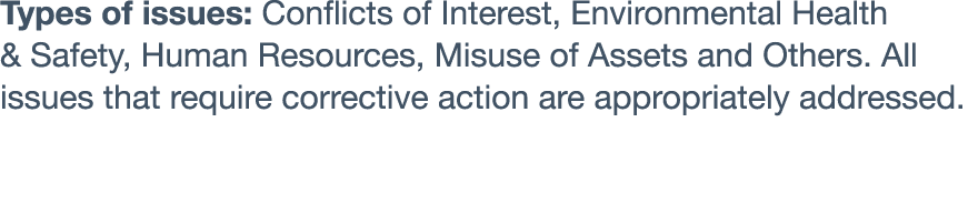 Types of issues: Conflicts of Interest, Environmental Health & Safety, Human Resources, Misuse of Assets and Others     